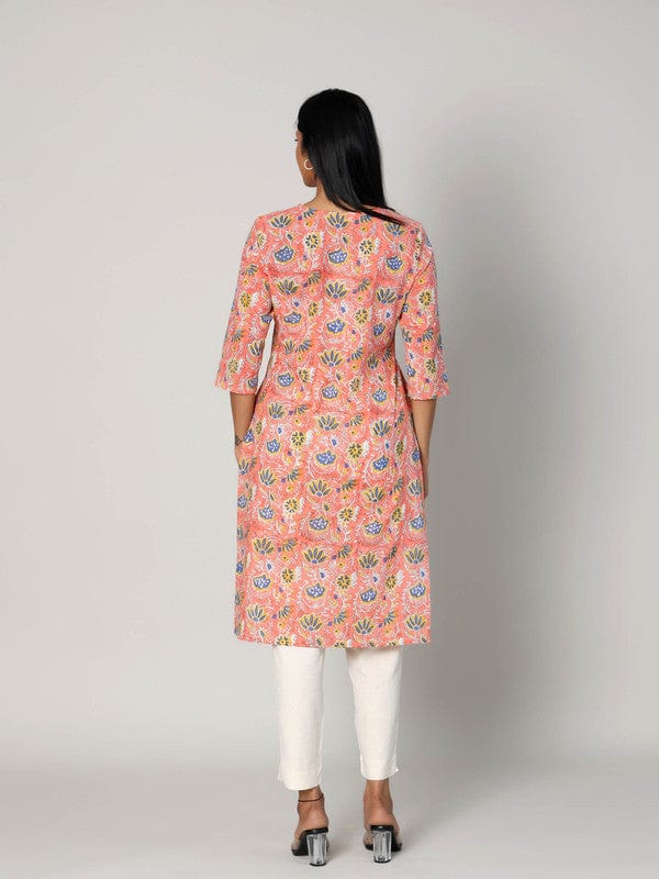 Pink 3/4th Sleeves Cotton Block print Calf length Kurta