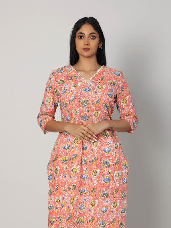 Pink 3/4th Sleeves Cotton Block print Calf length Kurta