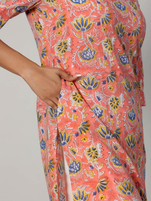 Pink 3/4th Sleeves Cotton Block print Calf length Kurta