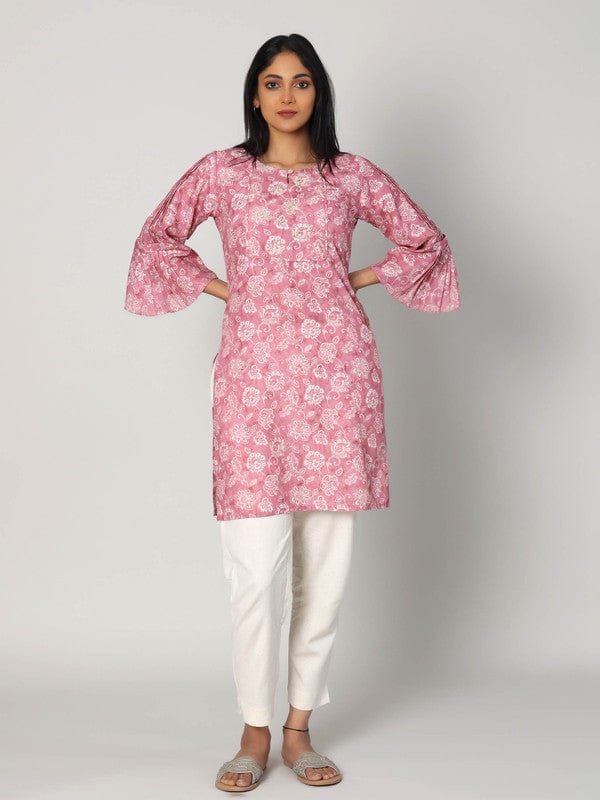 Onion Pink 3/4th Sleeves Lenin Embellishment work on neck placket Thigh length Kurta