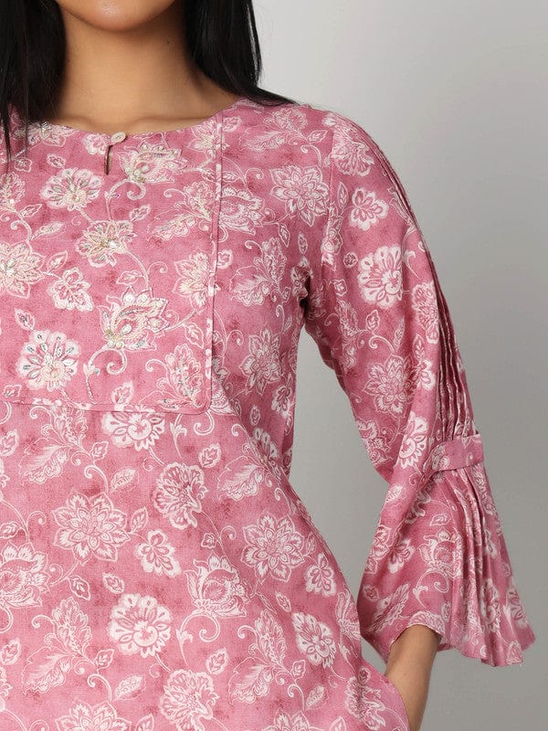 Onion Pink 3/4th Sleeves Lenin Embellishment work on neck placket Thigh length Kurta