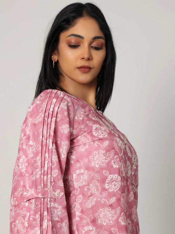 Onion Pink 3/4th Sleeves Lenin Embellishment work on neck placket Thigh length Kurta