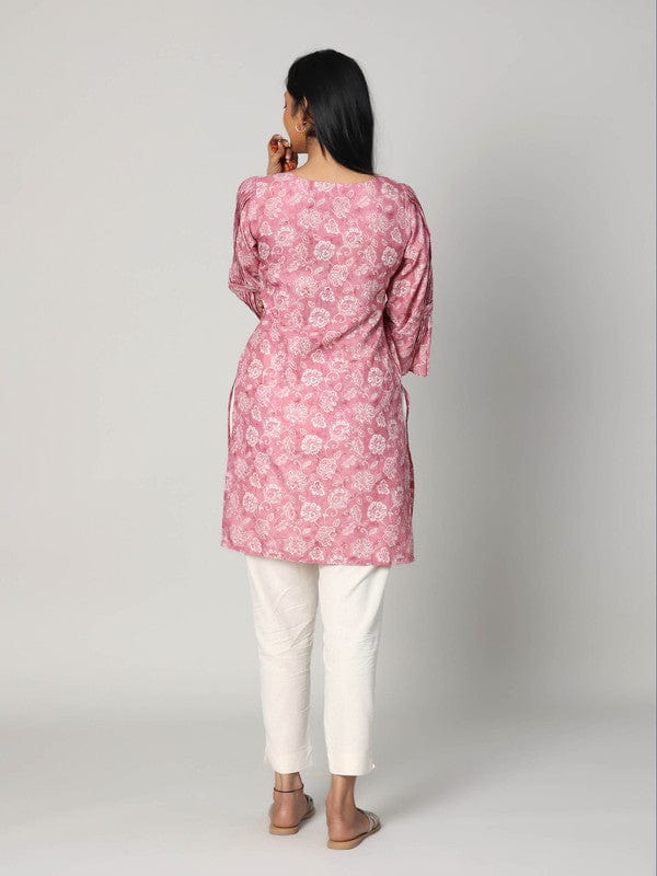 Onion Pink 3/4th Sleeves Lenin Embellishment work on neck placket Thigh length Kurta