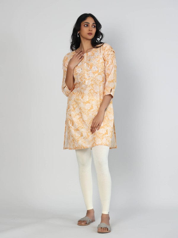 Mustard 3/4th Sleeves Lenin Embellishment work on neck placket Thigh length Kurta