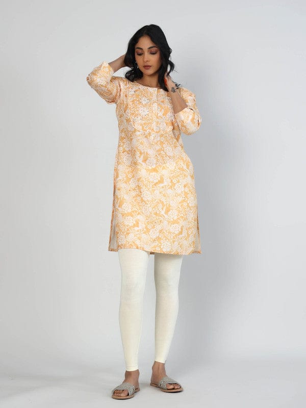 Mustard 3/4th Sleeves Lenin Embellishment work on neck placket Thigh length Kurta