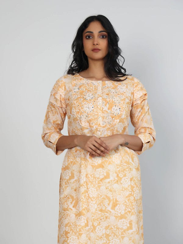 Mustard 3/4th Sleeves Lenin Embellishment work on neck placket Thigh length Kurta