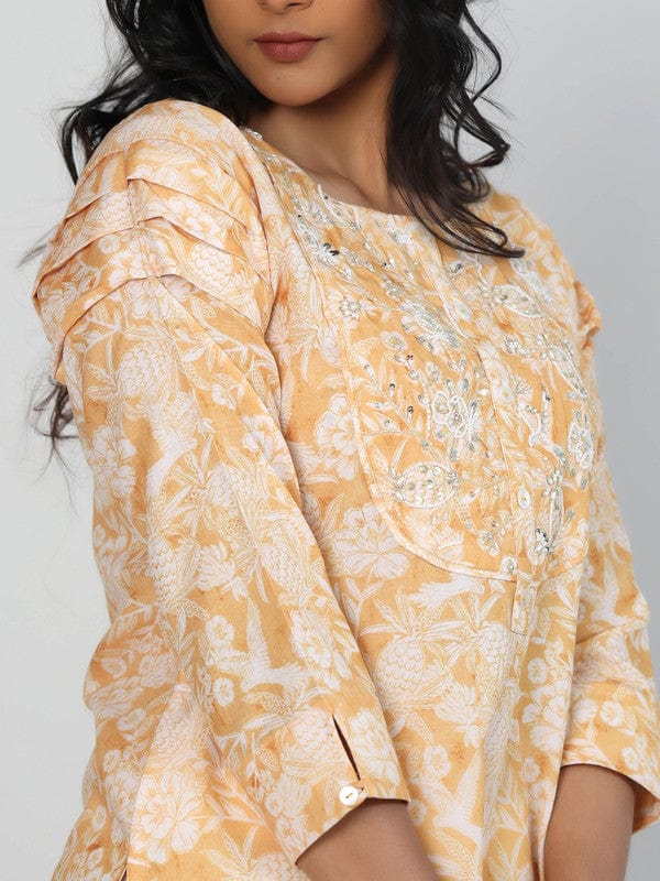 Mustard 3/4th Sleeves Lenin Embellishment work on neck placket Thigh length Kurta