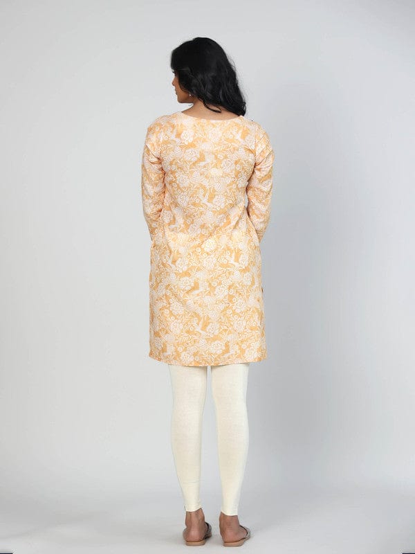 Mustard 3/4th Sleeves Lenin Embellishment work on neck placket Thigh length Kurta