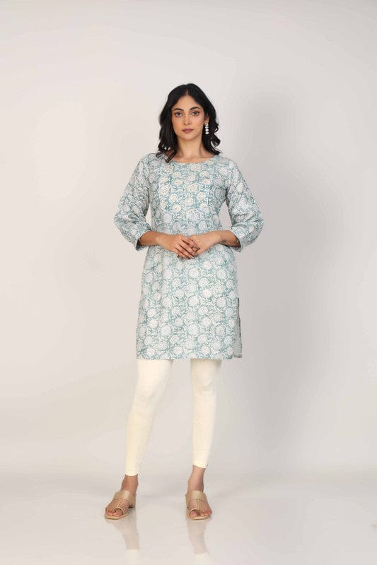 Sea Green 3/4th Sleeves Lenin Embellishment work on neck placket and all over print Thigh length Kurta