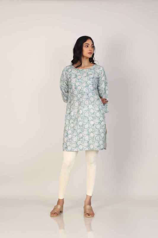 Sea Green 3/4th Sleeves Lenin Embellishment work on neck placket and all over print Thigh length Kurta