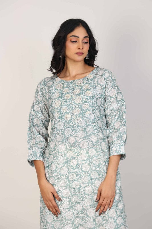Sea Green 3/4th Sleeves Lenin Embellishment work on neck placket and all over print Thigh length Kurta