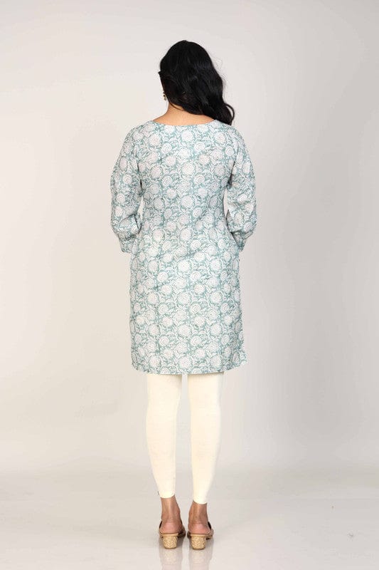 Sea Green 3/4th Sleeves Lenin Embellishment work on neck placket and all over print Thigh length Kurta
