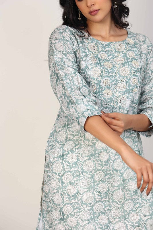 Sea Green 3/4th Sleeves Lenin Embellishment work on neck placket and all over print Thigh length Kurta