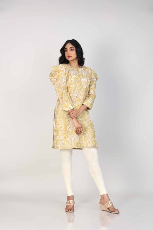 Ochre 3/4th Sleeves Lenin Embellishment work on neck placket and all over print Thigh length Kurta