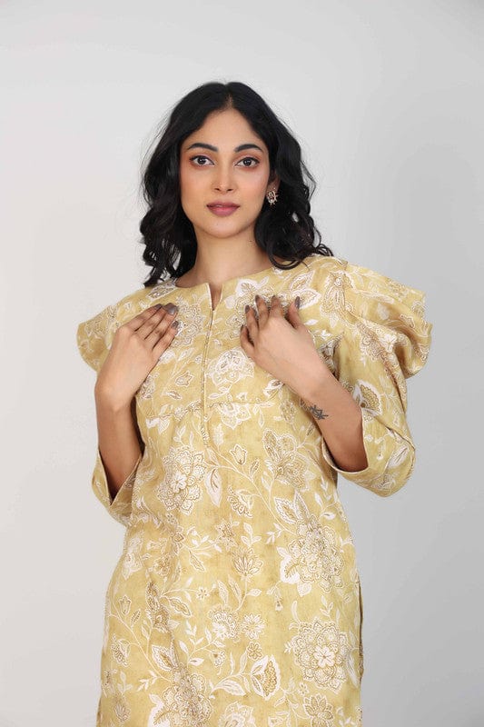 Ochre 3/4th Sleeves Lenin Embellishment work on neck placket and all over print Thigh length Kurta
