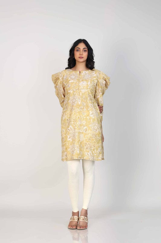 Ochre 3/4th Sleeves Lenin Embellishment work on neck placket and all over print Thigh length Kurta
