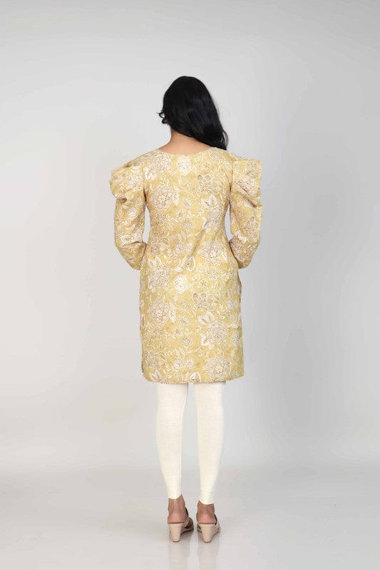 Ochre 3/4th Sleeves Lenin Embellishment work on neck placket and all over print Thigh length Kurta