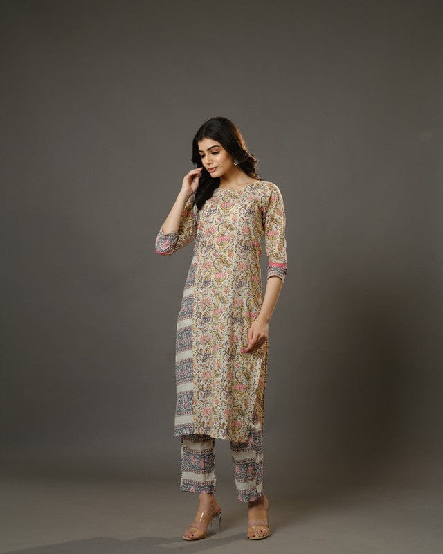 Beige 3/4th Sleeves Cotton Block Print Calf Length Kurta Set