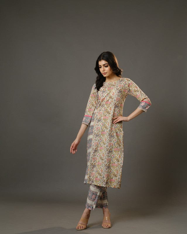 Beige 3/4th Sleeves Cotton Block Print Calf Length Kurta Set