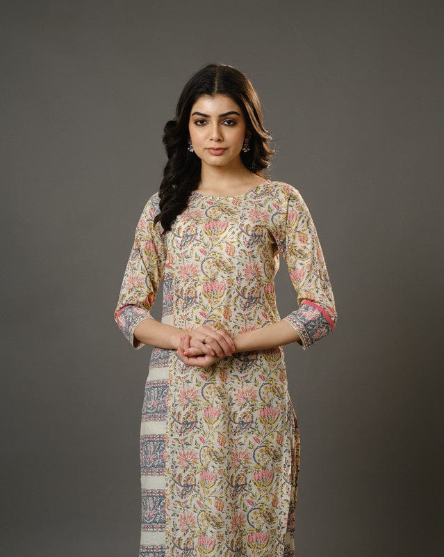 Beige 3/4th Sleeves Cotton Block Print Calf Length Kurta Set