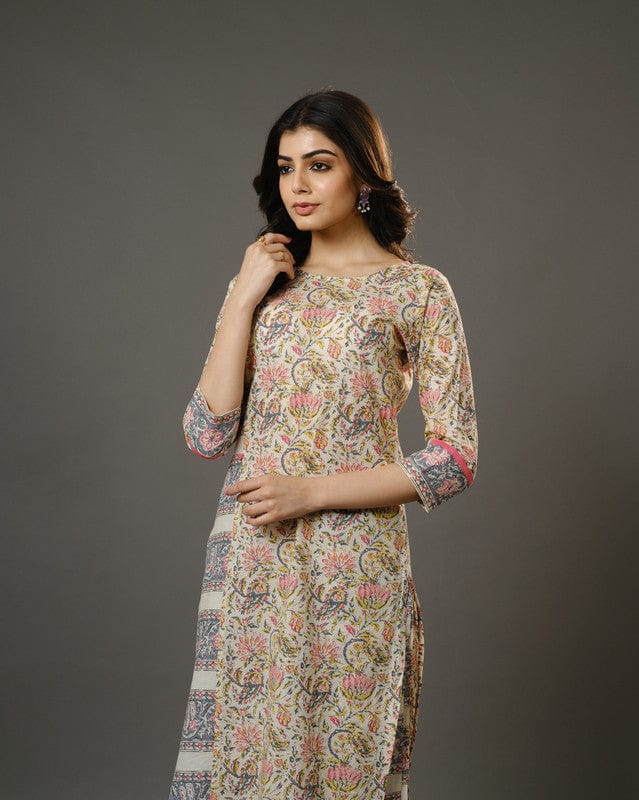 Beige 3/4th Sleeves Cotton Block Print Calf Length Kurta Set