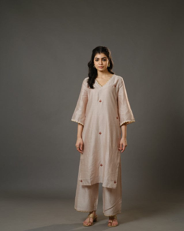 Beige 3/4th Sleeves Chanderi Floral Machine Embroidery Calf Length Kurta Set