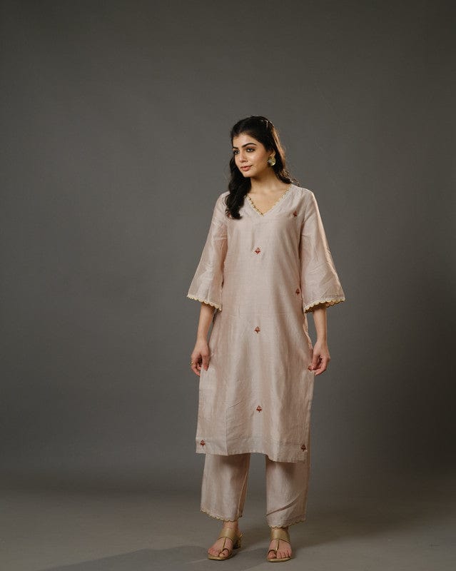 Beige 3/4th Sleeves Chanderi Floral Machine Embroidery Calf Length Kurta Set