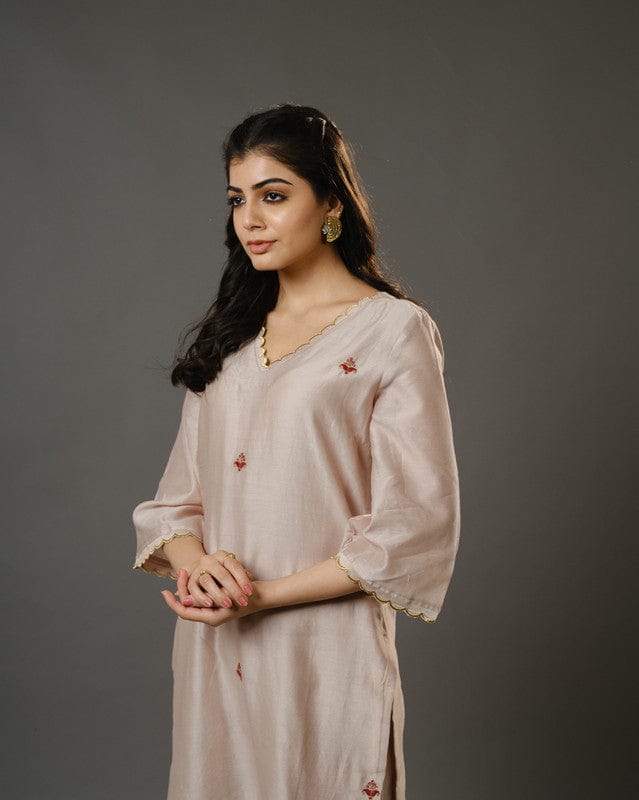 Beige 3/4th Sleeves Chanderi Floral Machine Embroidery Calf Length Kurta Set