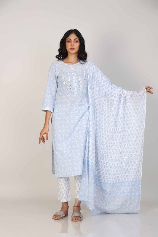 Blue 3/4th Sleeves Cotton All over print floral Calf length Kurta Set - With Dupatta