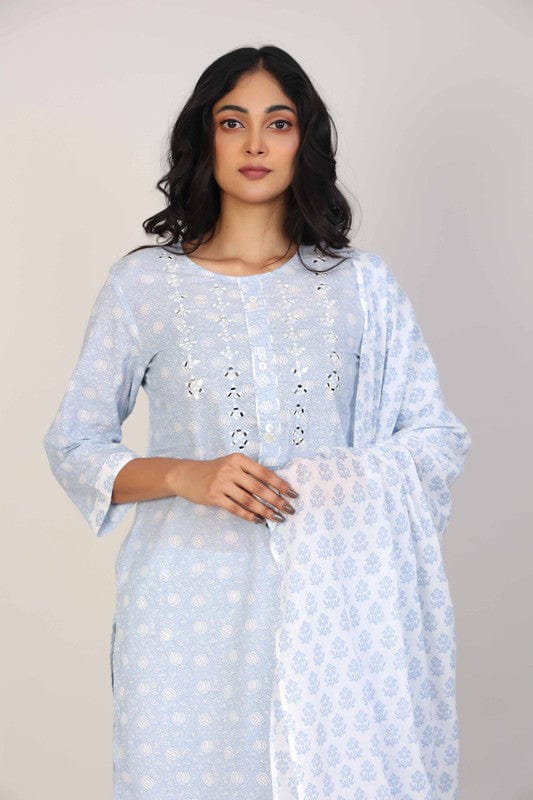 Blue 3/4th Sleeves Cotton All over print floral Calf length Kurta Set - With Dupatta