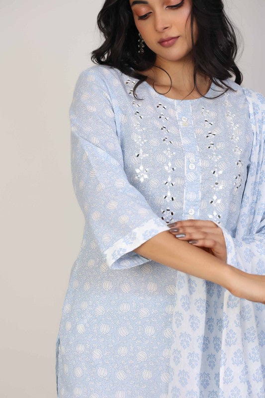 Blue 3/4th Sleeves Cotton All over print floral Calf length Kurta Set - With Dupatta