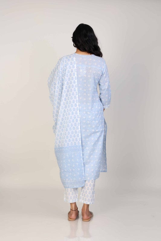 Blue 3/4th Sleeves Cotton All over print floral Calf length Kurta Set - With Dupatta