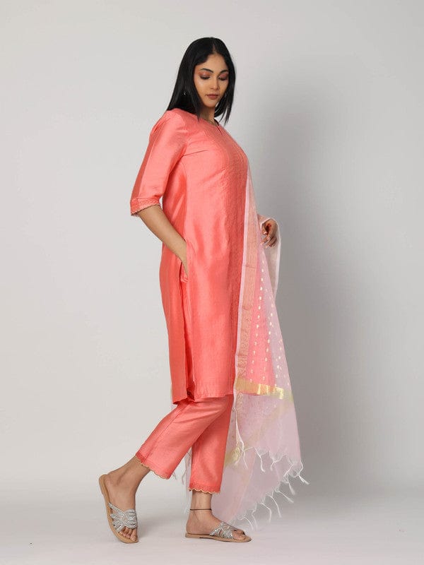 Peach 3/4th Sleeves Chanderi Knife pleats at the front with zari stitch Calf length Kurta Set - With Dupatta