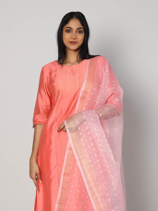 Peach 3/4th Sleeves Chanderi Knife pleats at the front with zari stitch Calf length Kurta Set - With Dupatta