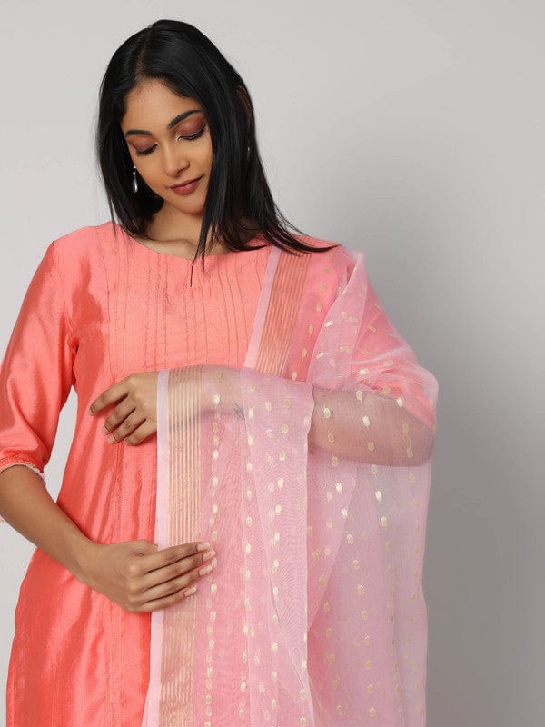 Peach 3/4th Sleeves Chanderi Knife pleats at the front with zari stitch Calf length Kurta Set - With Dupatta