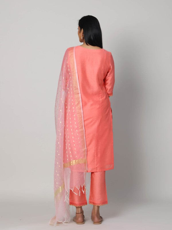Peach 3/4th Sleeves Chanderi Knife pleats at the front with zari stitch Calf length Kurta Set - With Dupatta