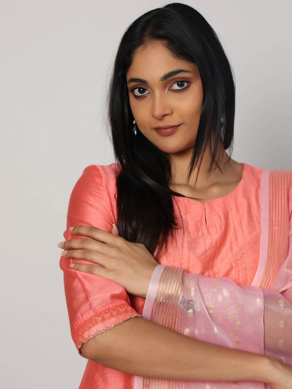 Peach 3/4th Sleeves Chanderi Knife pleats at the front with zari stitch Calf length Kurta Set - With Dupatta