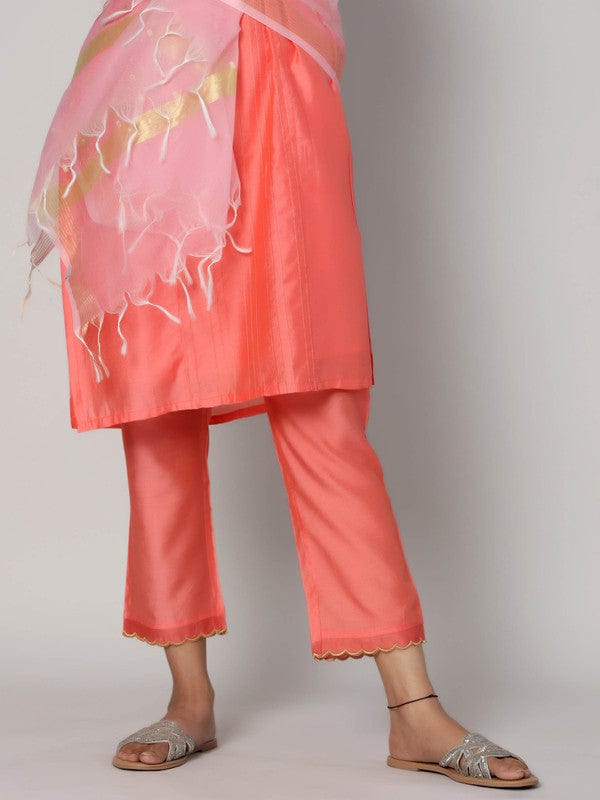 Peach 3/4th Sleeves Chanderi Knife pleats at the front with zari stitch Calf length Kurta Set - With Dupatta