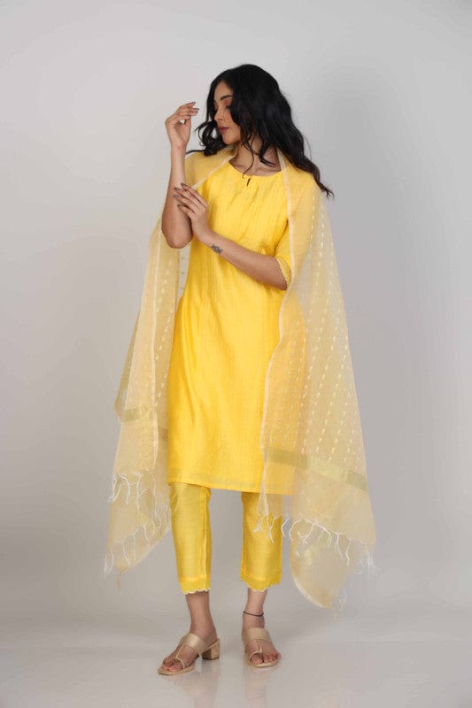 Yellow 3/4th Sleeves Chanderi Knife pleats at the front with zari stitch Calf length Kurta Set - With Dupatta