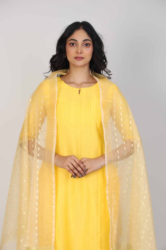 Yellow 3/4th Sleeves Chanderi Knife pleats at the front with zari stitch Calf length Kurta Set - With Dupatta