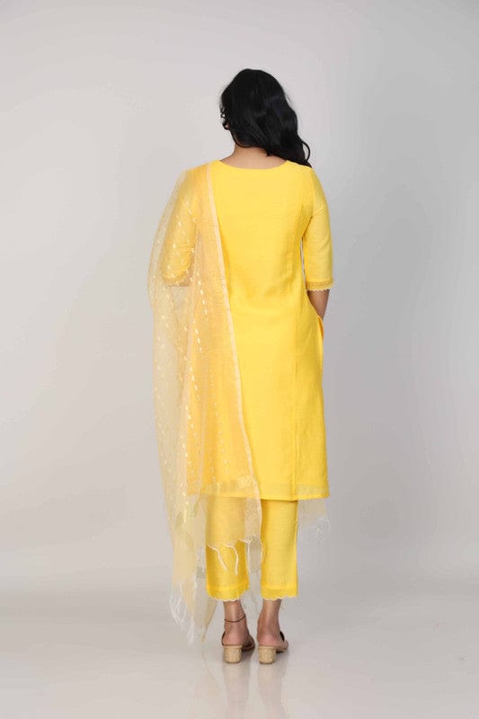 Yellow 3/4th Sleeves Chanderi Knife pleats at the front with zari stitch Calf length Kurta Set - With Dupatta