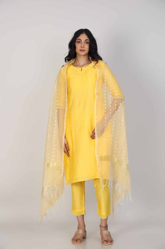 Yellow 3/4th Sleeves Chanderi Knife pleats at the front with zari stitch Calf length Kurta Set - With Dupatta