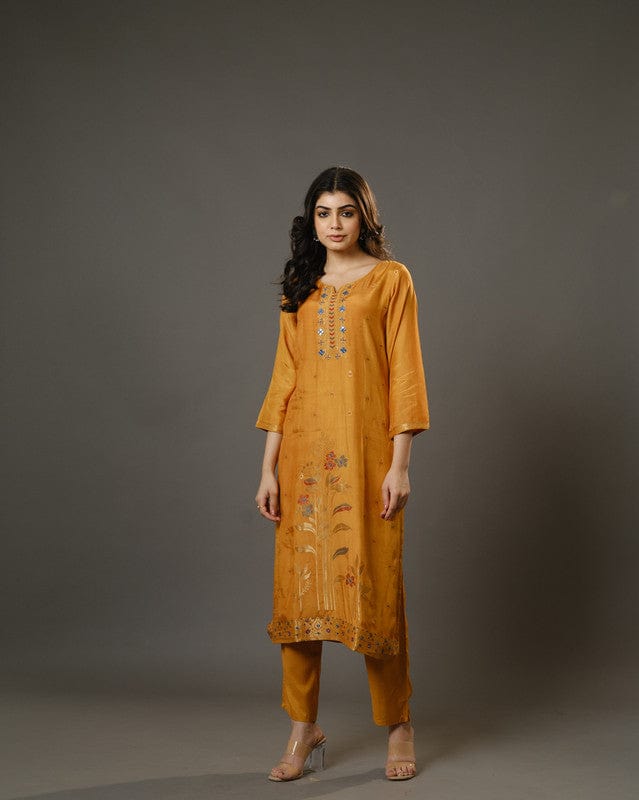 Yellow 3/4th Sleeves Chanderi Banarasi Print, Mirror Work Calf Length Kurta Set