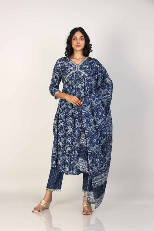 Navy 3/4th Sleeves Cotton All over print Calf length Kurta Set - With Dupatta
