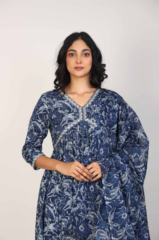 Navy 3/4th Sleeves Cotton All over print Calf length Kurta Set - With Dupatta