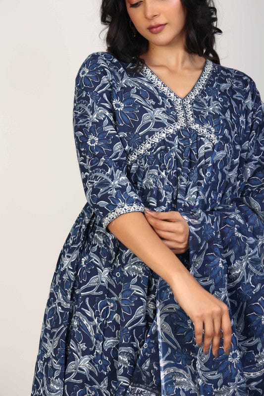 Navy 3/4th Sleeves Cotton All over print Calf length Kurta Set - With Dupatta