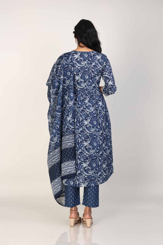 Navy 3/4th Sleeves Cotton All over print Calf length Kurta Set - With Dupatta