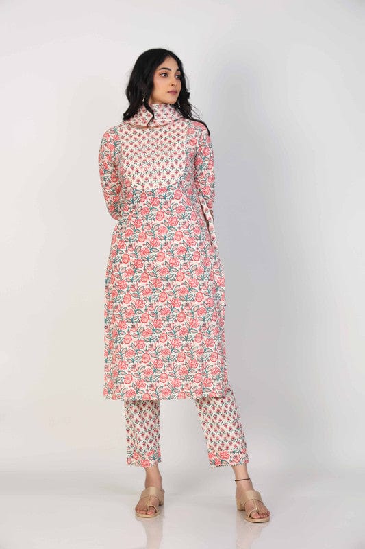 Pink 3/4th Sleeves Cotton All over print floral Calf length Kurta Set - With Dupatta