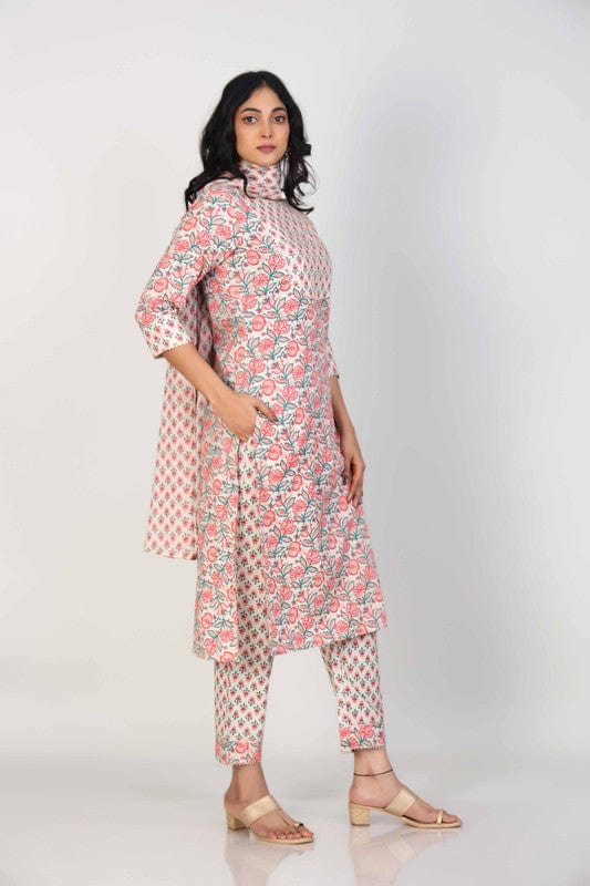 Pink 3/4th Sleeves Cotton All over print floral Calf length Kurta Set - With Dupatta