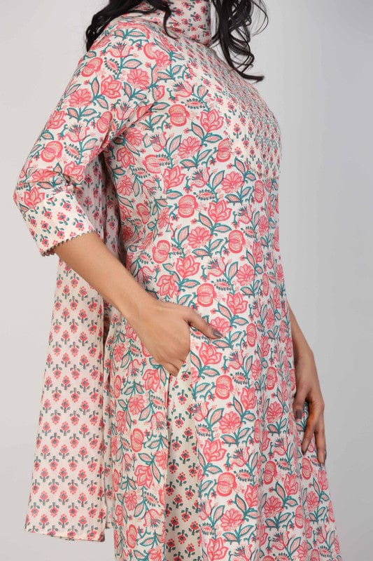 Pink 3/4th Sleeves Cotton All over print floral Calf length Kurta Set - With Dupatta